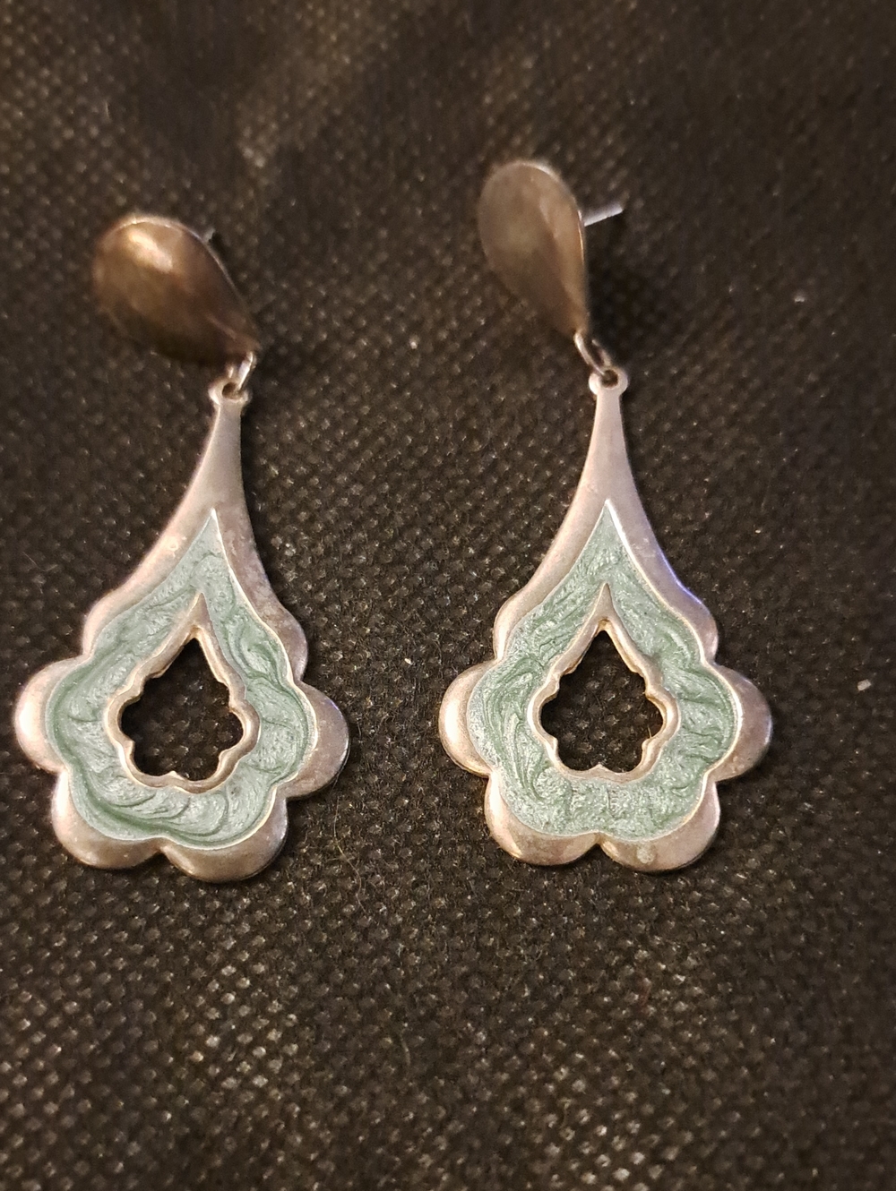 Silver Teardrop Earrings with Mint Enamel Accent